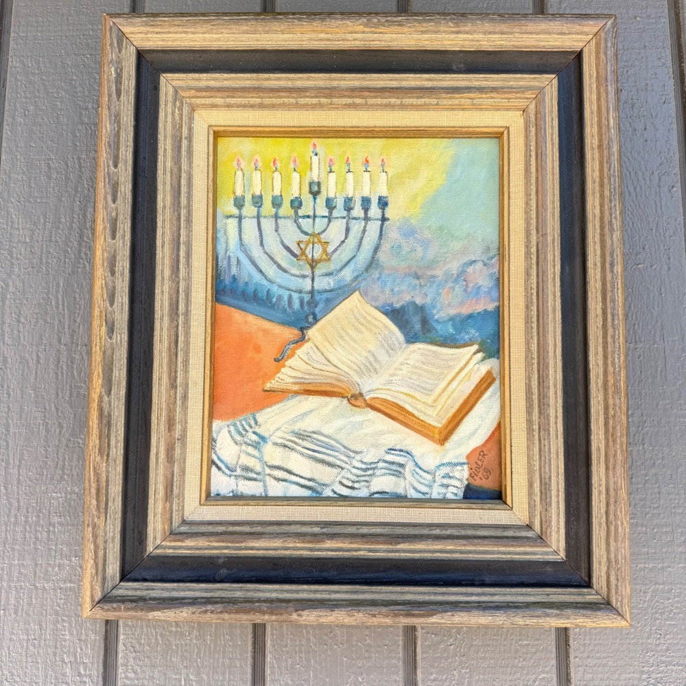 Vintage 1969 Signed Oil Painting Judaica Menorah Torah Tallit Framed Art Signed